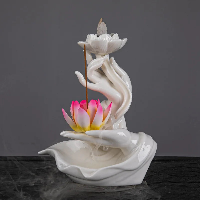 Buddha's Hand Lotus LED Backflow Incense Burner and Tabletop Ornament