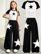 Girls' Star Print Fitted Top Wide Leg Pants Two-Piece Set