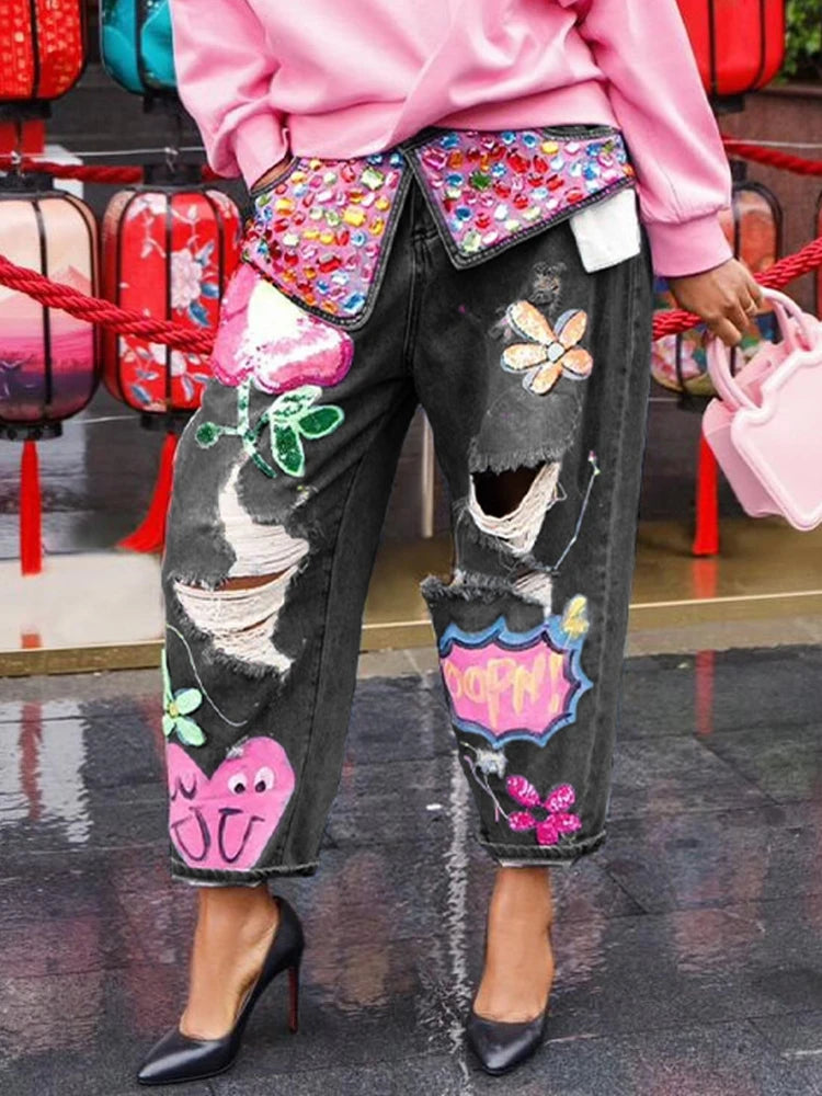 Women's Floral Embroidery Beaded High Waist Loose Jeans
