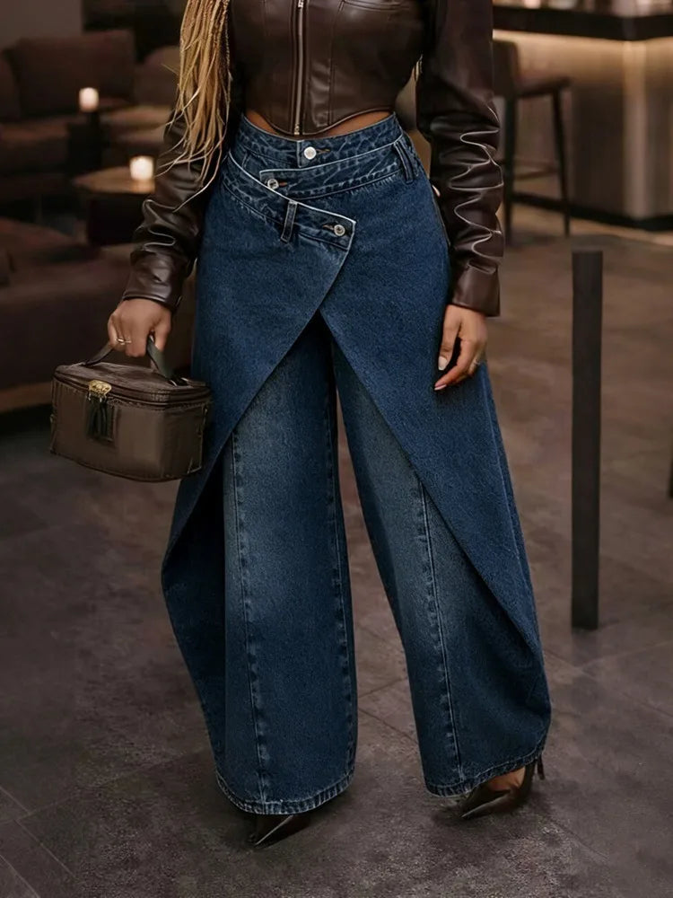 American Retro High Waist Wide Leg Trousers with Metal Buckle