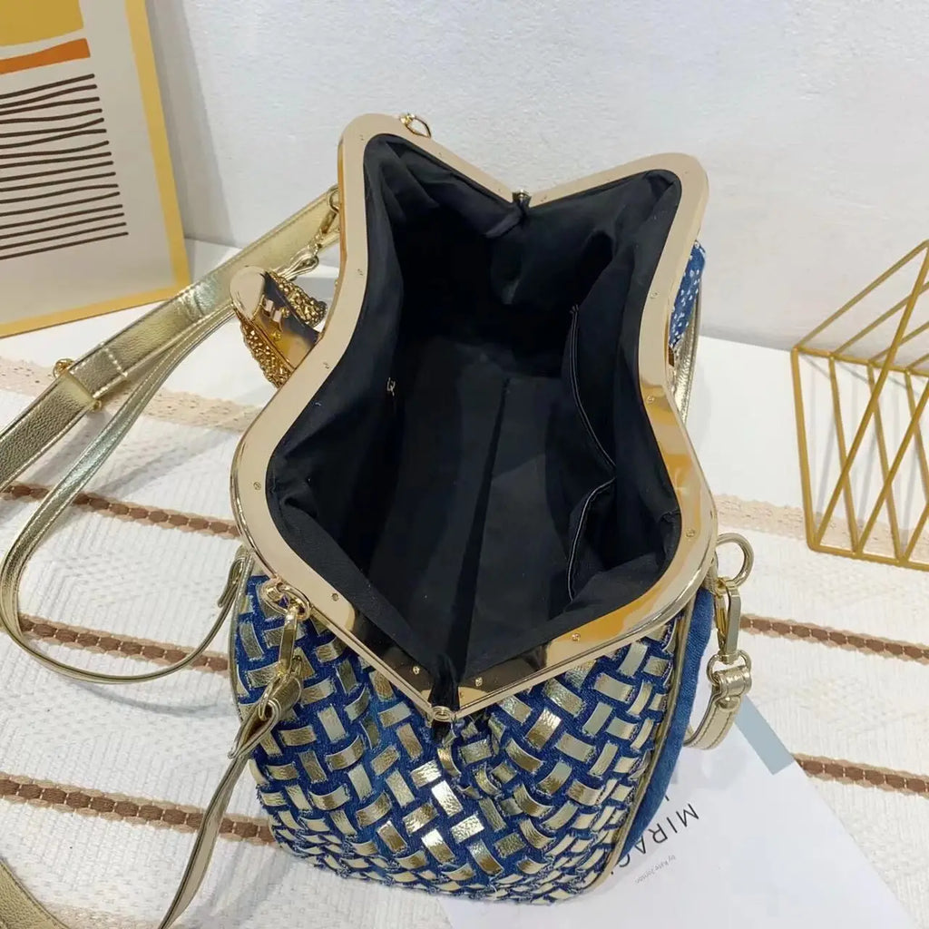 Denim Rhinestone Clutch Bag with Butterfly Decoration for Women