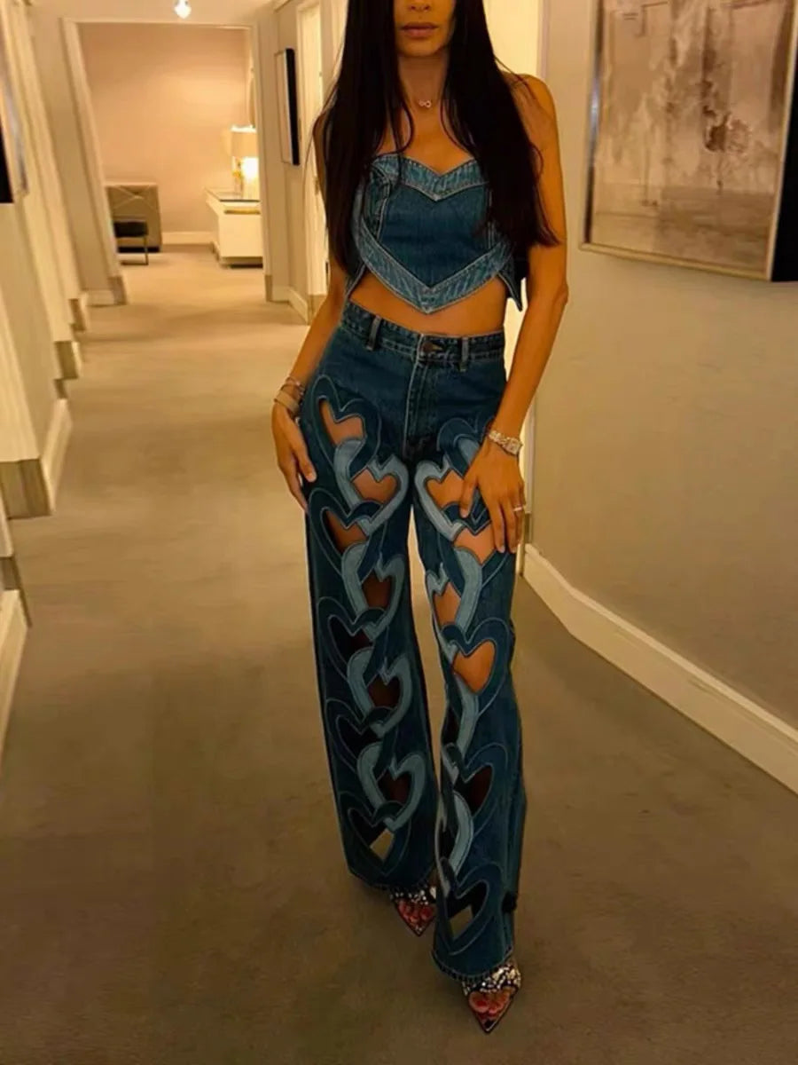 Women's Denim Sleeveless Vest and Hollow-Out Pants Set