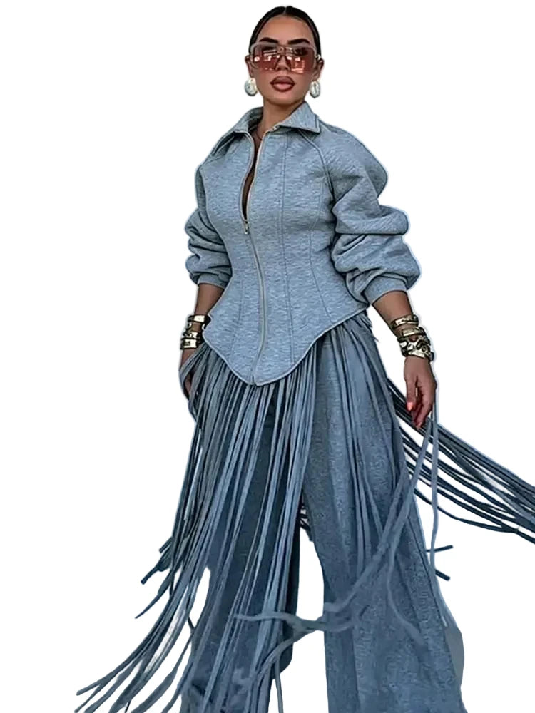 Women's Fringe Lapel Collar Zip Up Wide Leg Tracksuit Set