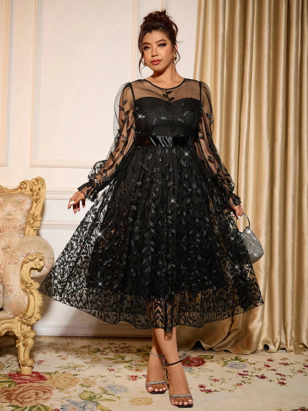 Women's Sparkling Sheer Long Sleeve Gala Dinner Dress