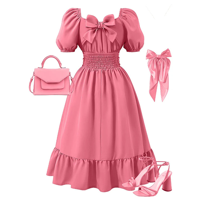 Girls' Off-Shoulder Lantern Sleeve Bow Solid Puff Dress T5591OBMTDD