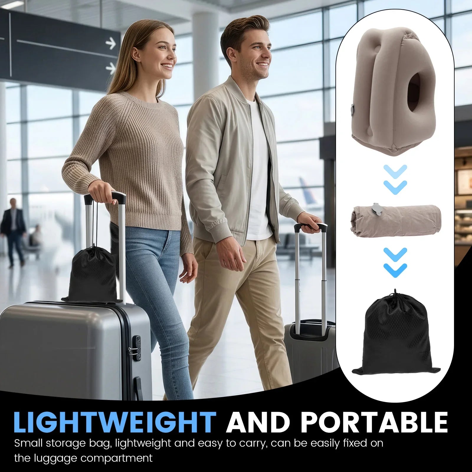 Inflatable Ergonomic Travel Neck Pillow with Storage Bag Grey
