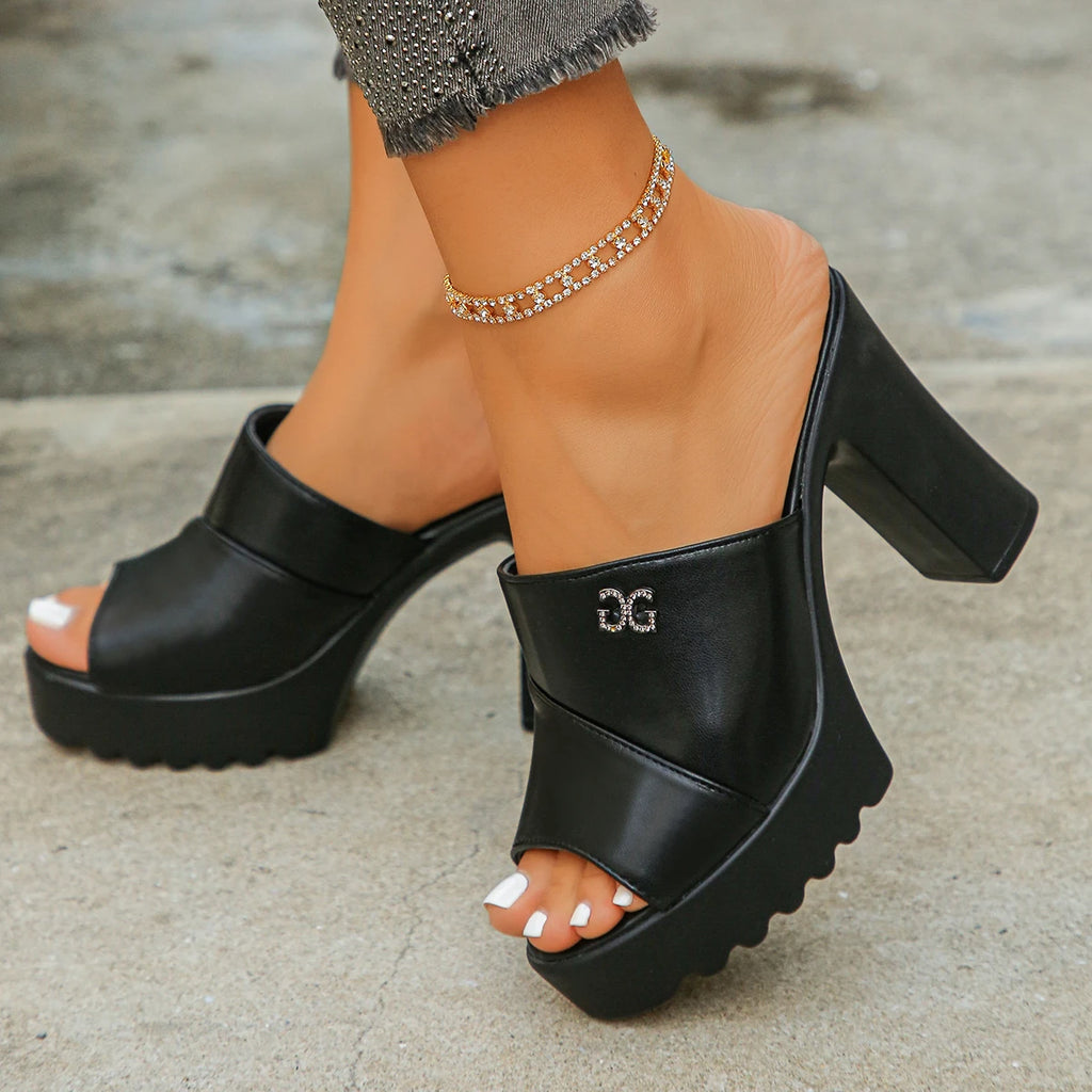 Women's Peep Toe Platform High Heel Slippers Square Black