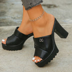 Women's Peep Toe Platform High Heel Slippers Square Black
