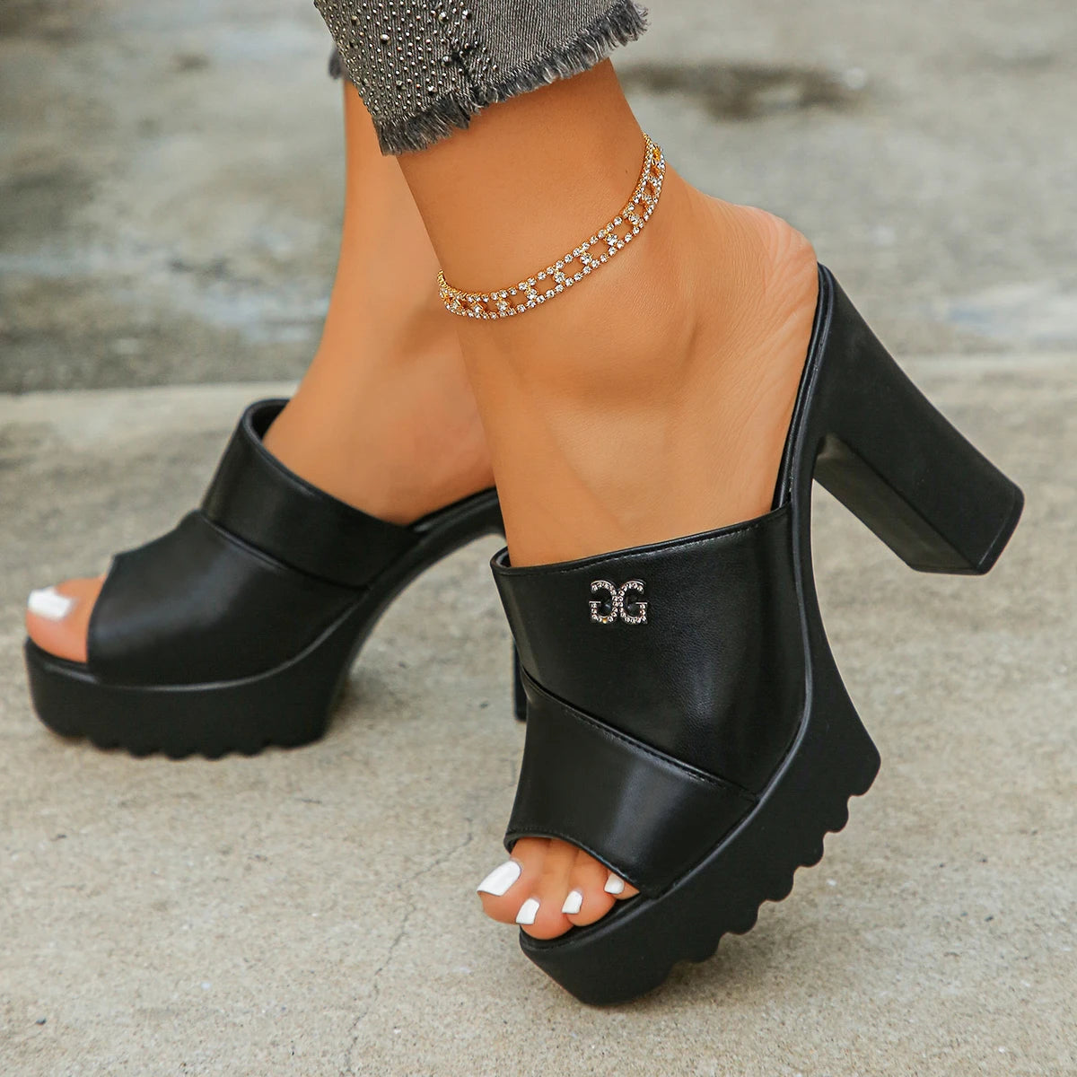 Women's Peep Toe Platform High Heel Slippers Square Black