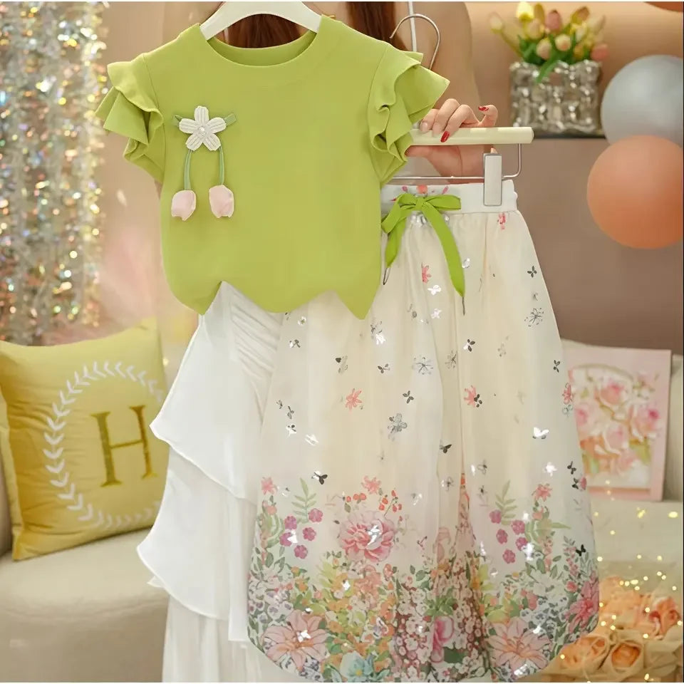 Girls' Lace Short Sleeve Floral Lantern Pants Two Piece Set