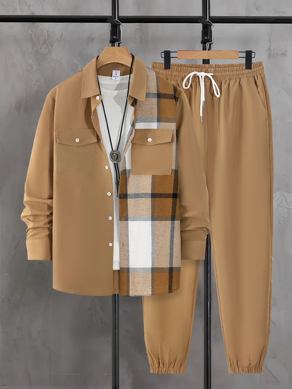 Men's Casual Plaid Patchwork Shirt and Jogger Pants Two Piece Set