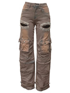 Women's High Waist Wide Leg Denim Pants Crystal Cutout Detail