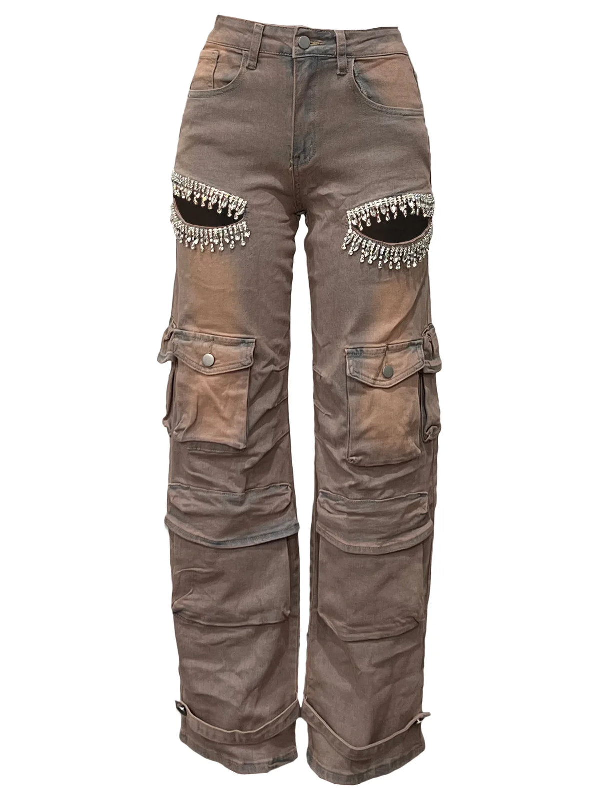 Women's High Waist Wide Leg Denim Pants Crystal Cutout Detail