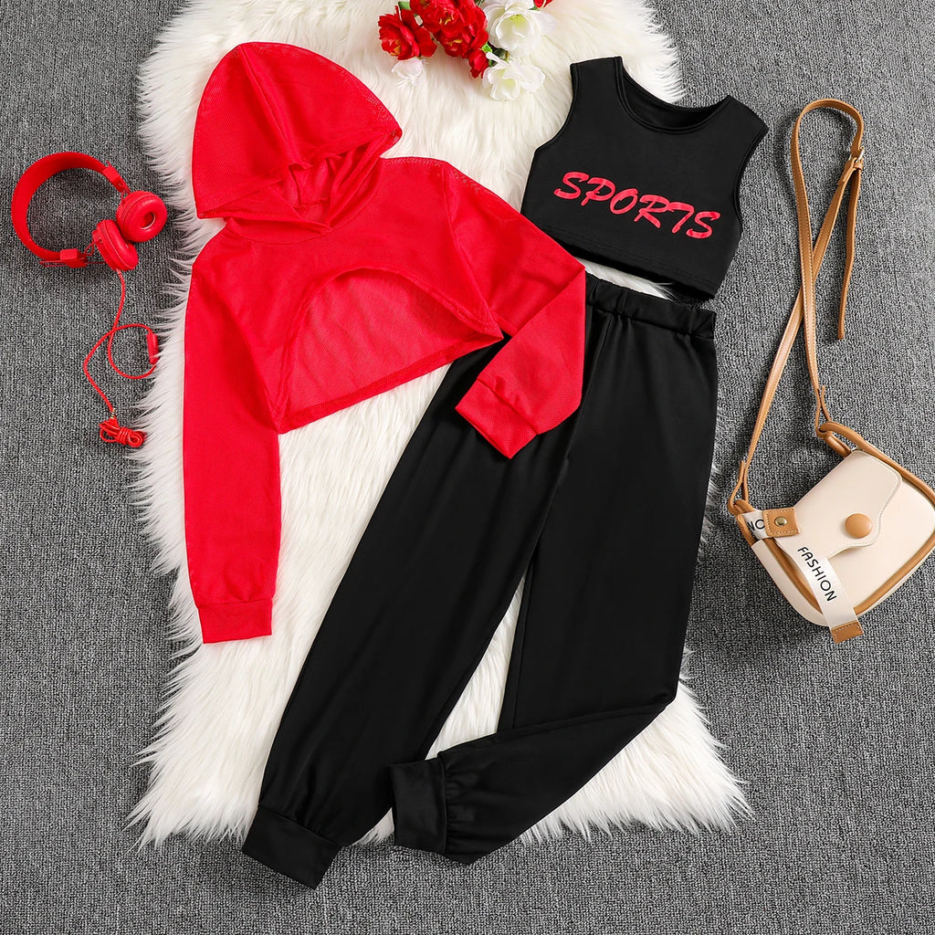 Girls' Casual Hooded Top Tank Pants Three-Piece Set