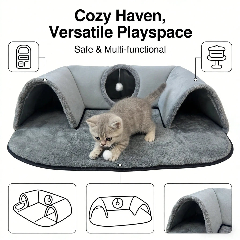 2-in-1 Cat Tunnel Bed with Soft Plush Cushion