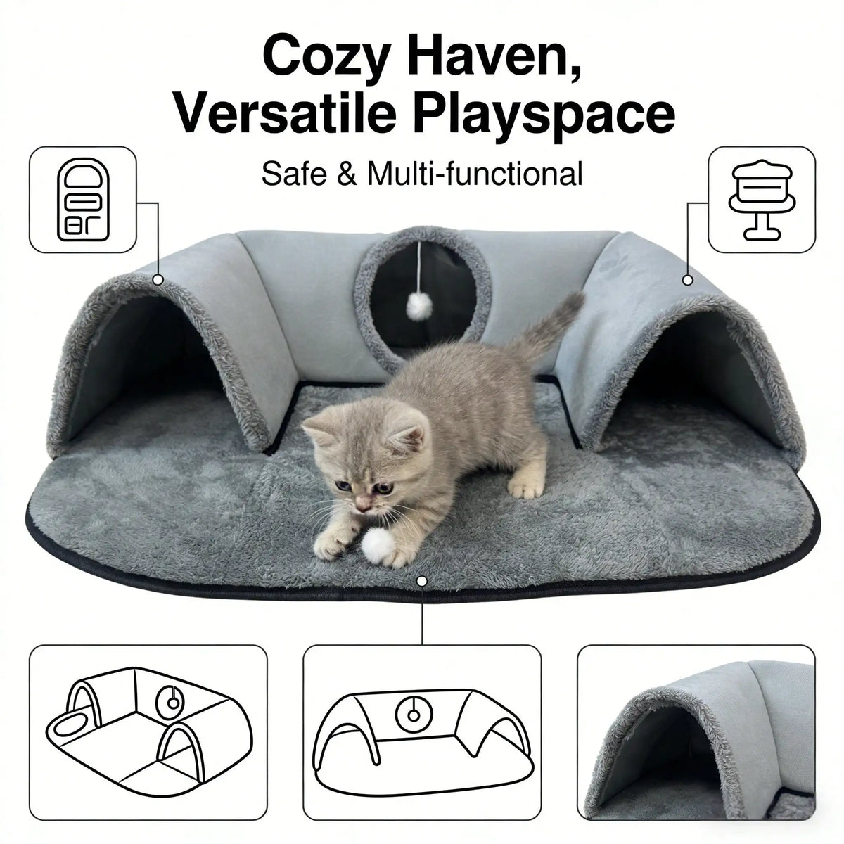 2-in-1 Cat Tunnel Bed with Soft Plush Cushion
