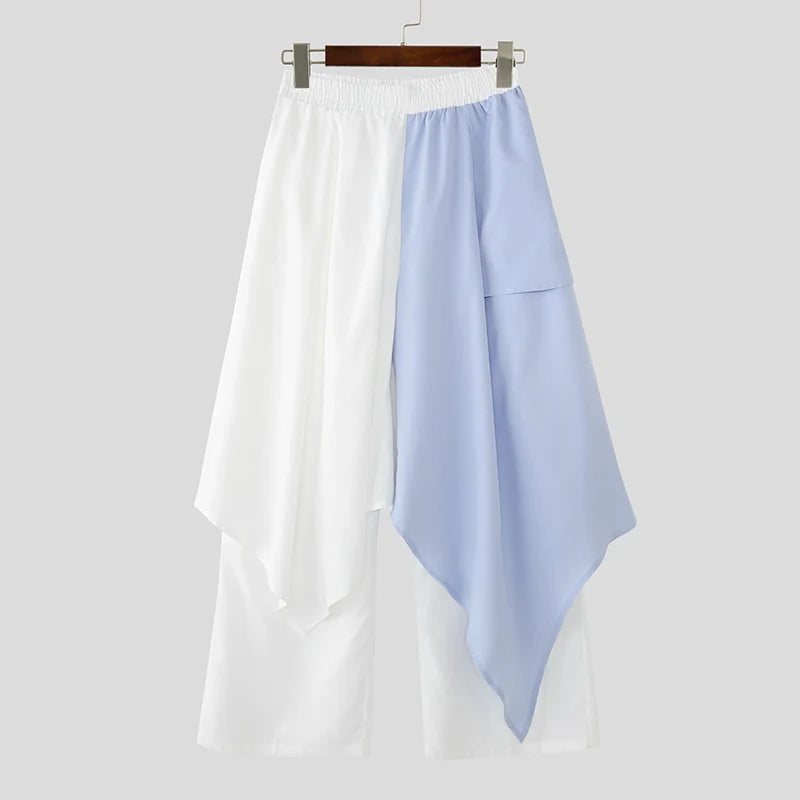 Men's Patchwork Jogger Pants Elastic Waist Wide Leg Trousers