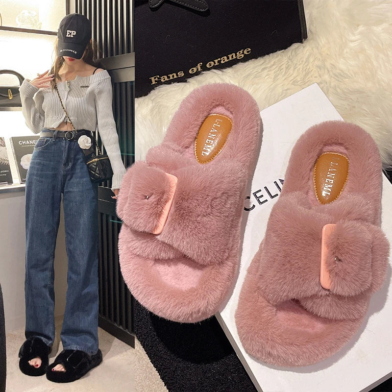 Women's Fluffy Open Toe Flat Slippers Suede Winter Warm