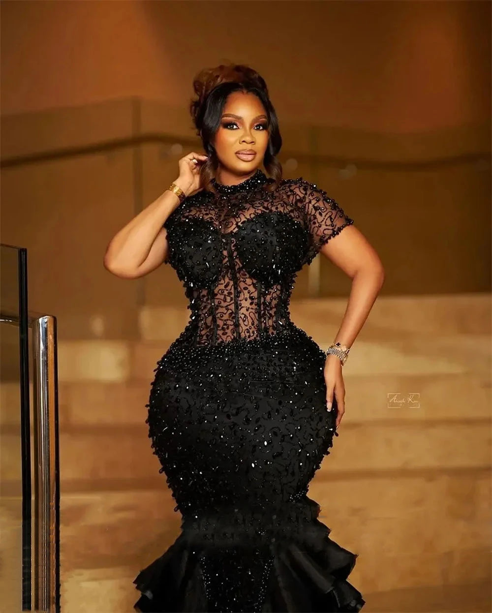 Women's Beaded Pearl Sequin Tiered Mermaid Prom Gown