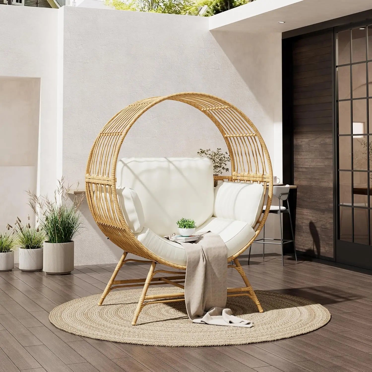 Oversized Rattan Egg Basket Chair with Thickened Cushions