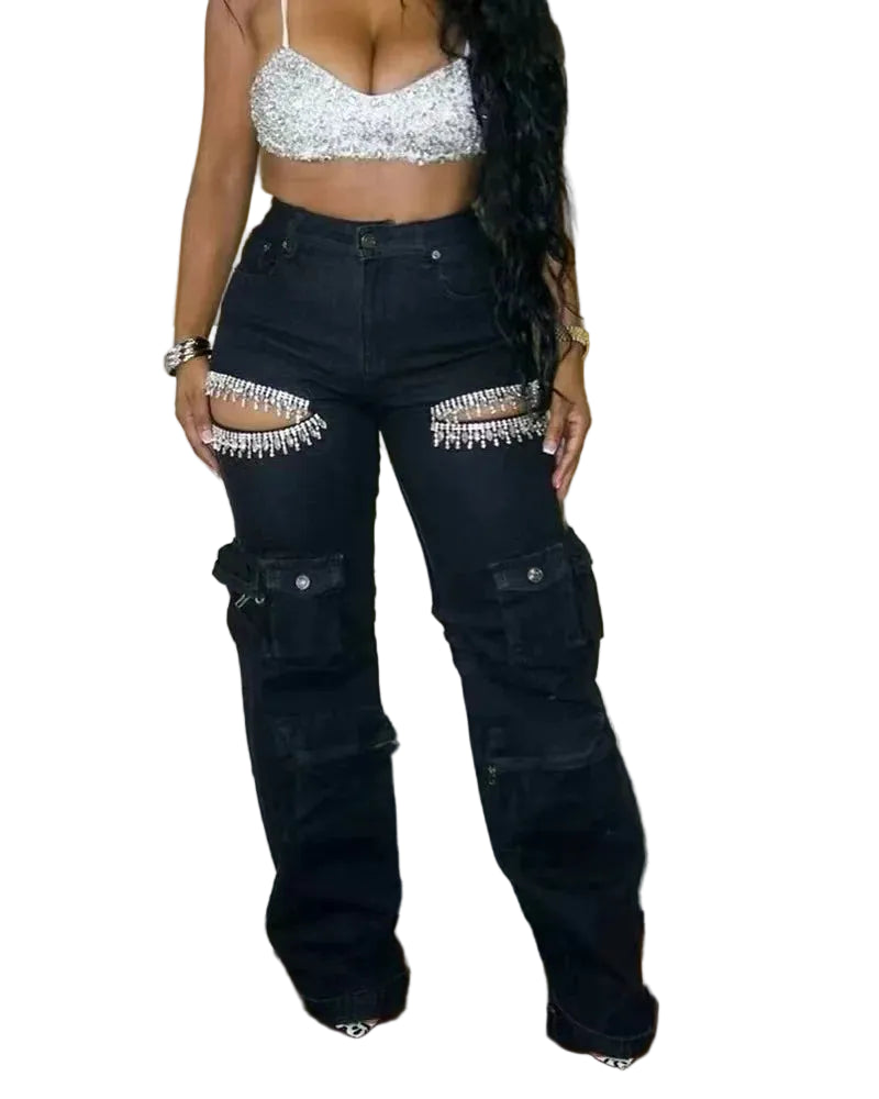 Women's High Waist Wide Leg Denim Pants Crystal Cutout Detail