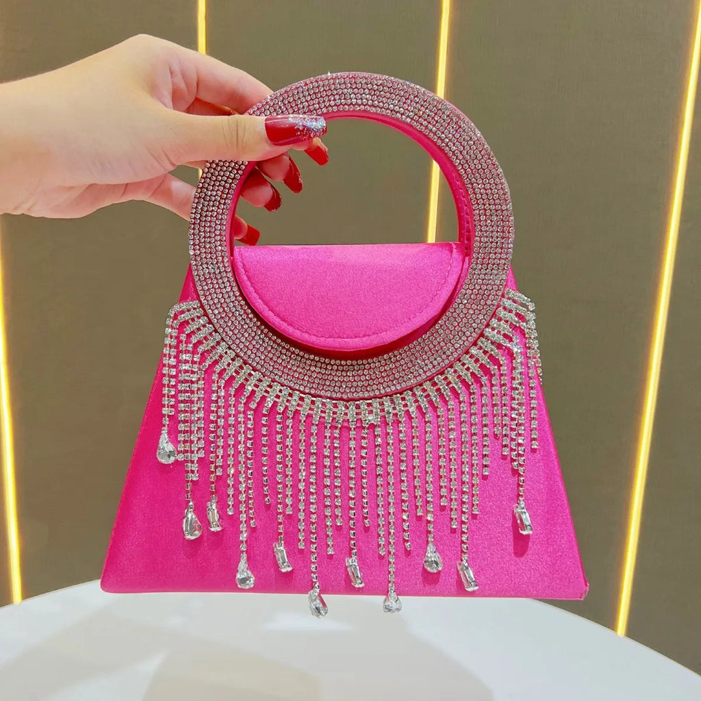 Women's Rhinestone Ring Tassel Trapezoid Evening Clutch Bag