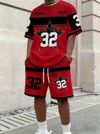Men's Letter Stripe Print Round Neck T-Shirt and Drawstring Shorts Set
