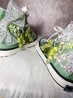 Women's High-Top Canvas Shoes Floral Embroidery Bow Green Handmade Casual