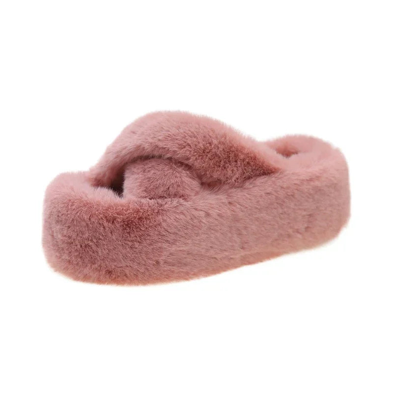 Women's Faux Fur Platform Slippers Soft Plush Indoor House Shoes
