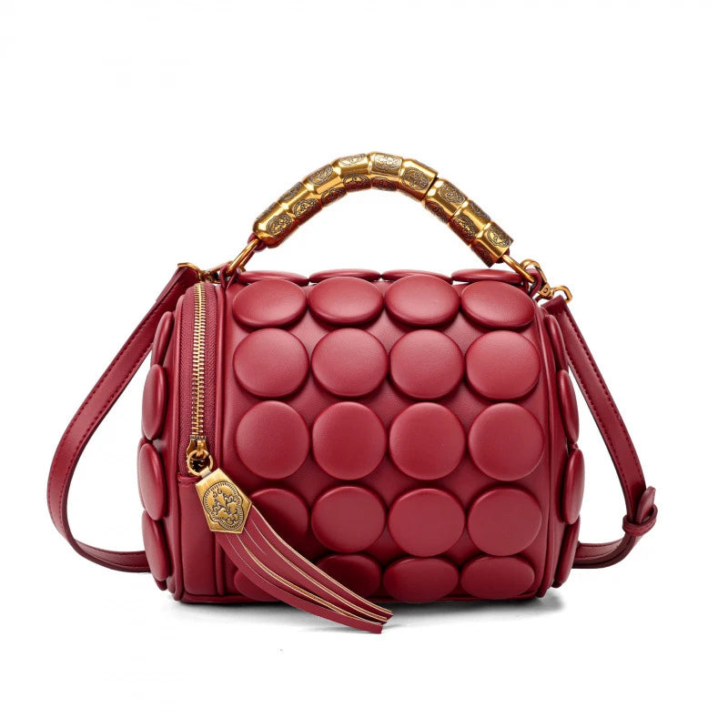Women's Retro Button Leather Tube Bucket Shoulder Crossbody Bag