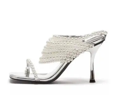 Women's Pearl Beading Square Open Toe High Heel Mules