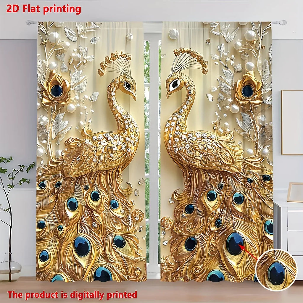 Gold Peacock Window Curtains and 3D Printed Living Room Drapes