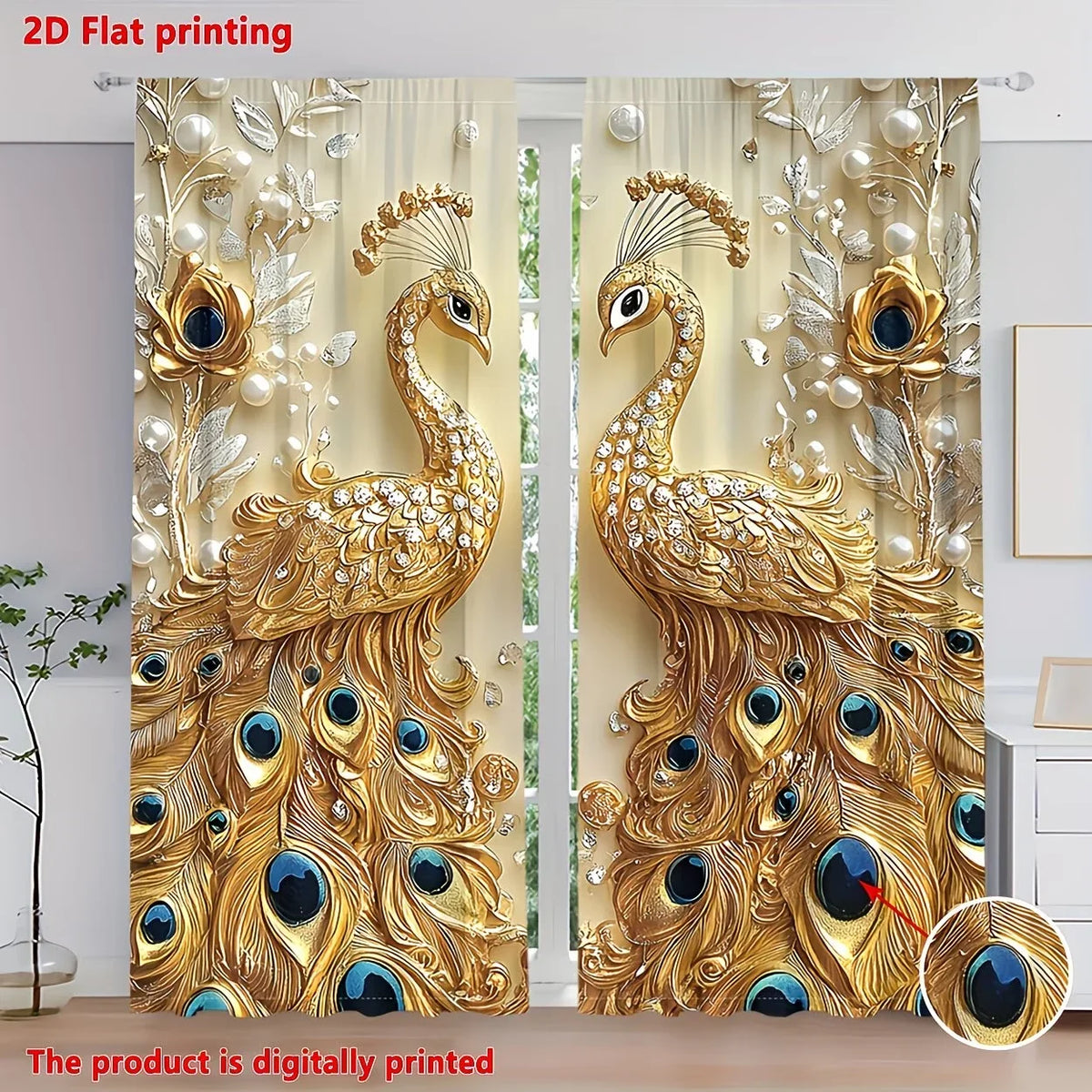 Gold Peacock Window Curtains and 3D Printed Living Room Drapes