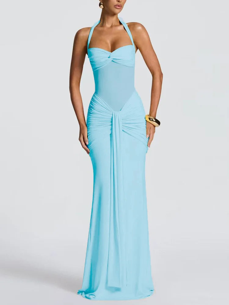 Women's Sexy Mesh Patchwork Halter Ruched Maxi Dress