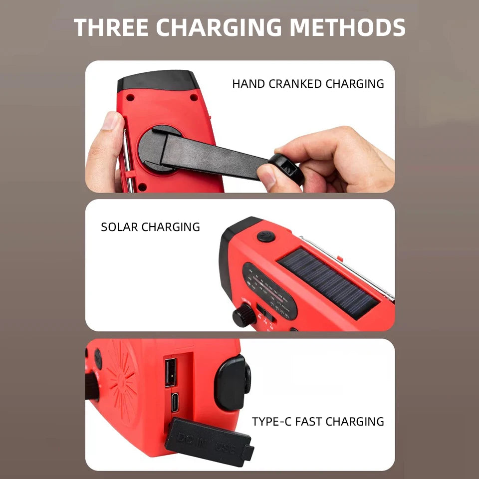 Emergency Solar Hand-Crank Radio with Flashlight and Power Bank