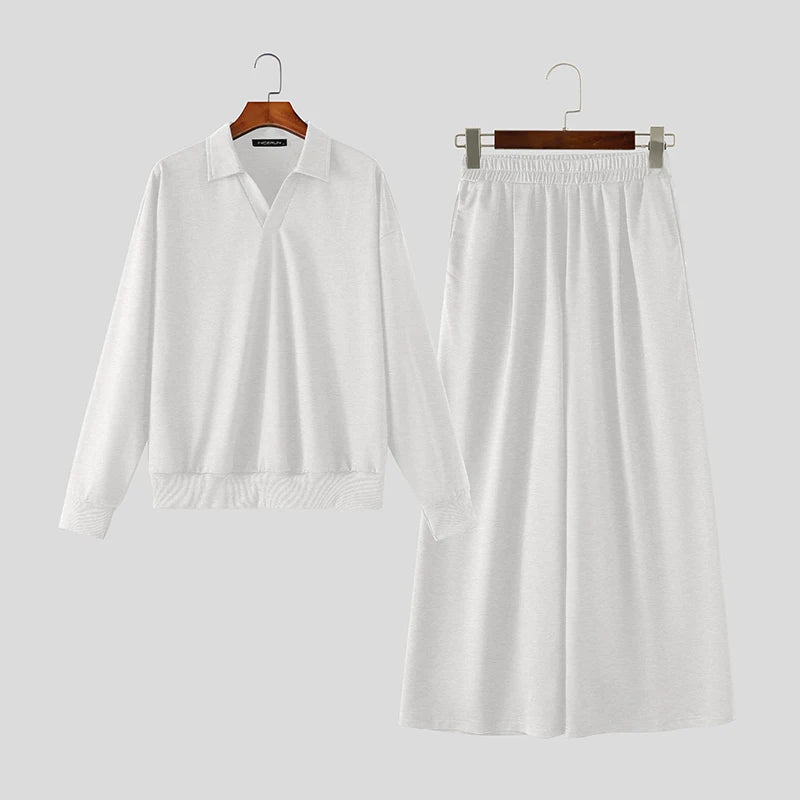Men's Lapel Long Sleeve Sweatshirt Pants Two-Piece Set