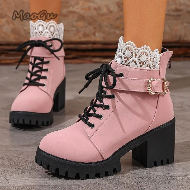 Women's Chunky Platform Lace-Up High Heel Ankle Boots