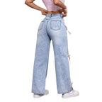 Women's Bowknot Washed Denim Loose Wide Leg Jeans