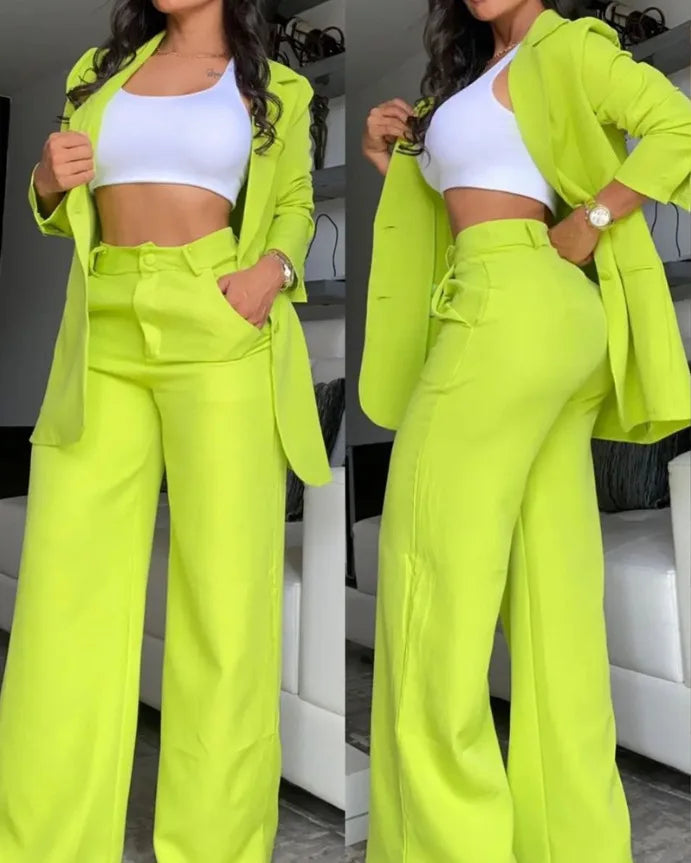 Women's Split Sleeve Blazer Straight Leg Pants Suit Set