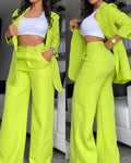 Women's Split Sleeve Blazer Straight Leg Pants Suit Set