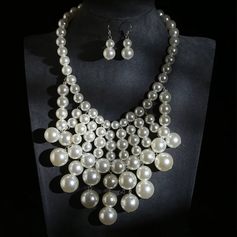 Ethnic Style Simulated Pearl Jewelry Set with Tassel Necklace Earrings