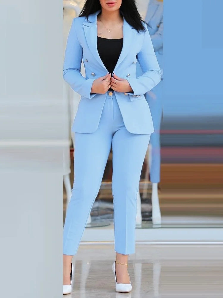 Women's Solid Lapel Blazer Slim Pants Set