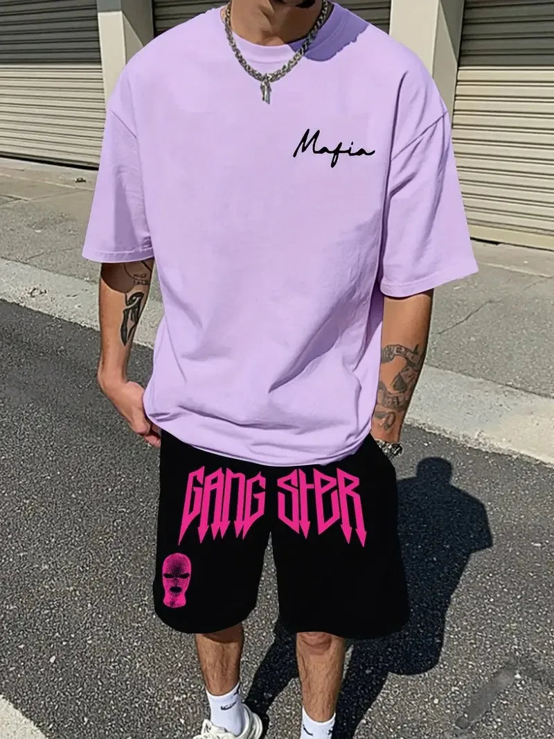 Men's 3D Letter Print Round Neck T-Shirt and Drawstring Shorts Set
