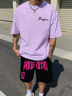 Men's 3D Letter Print Round Neck T-Shirt and Drawstring Shorts Set