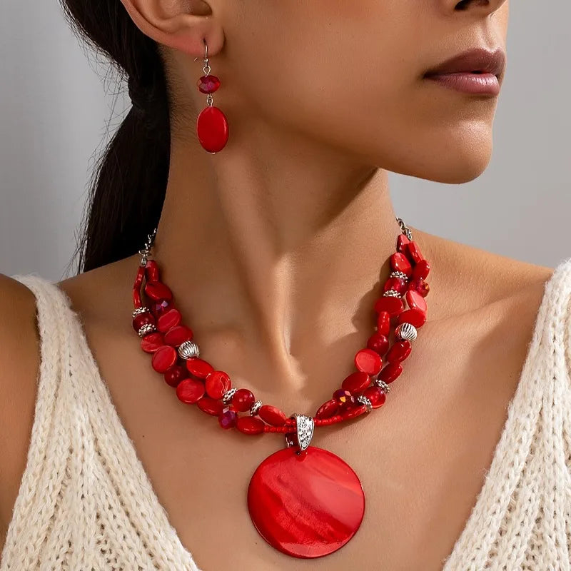 Women's Fashion Bohemian Ethnic Round Pendant Necklace and Earrings Set