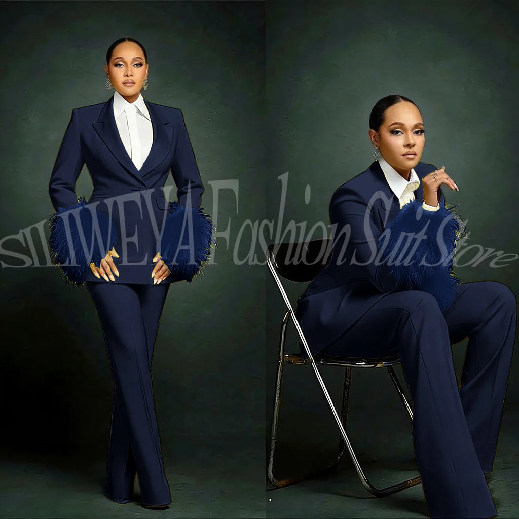 Women's Feather Applique Single Breasted Blazer Pants Suit