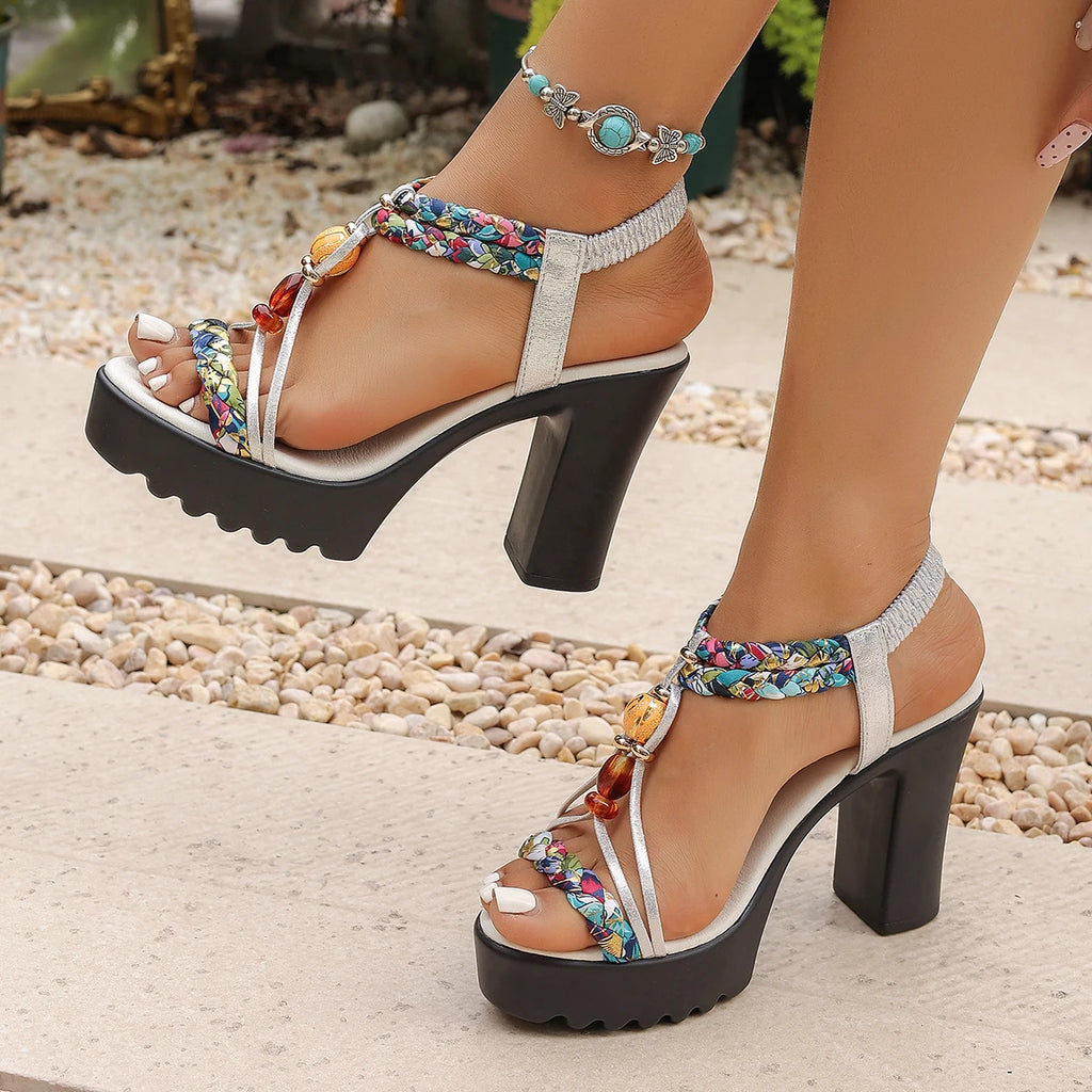 Women's Mid-Heel Platform Wedge Sandals Retro Style Silver