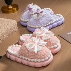 Women's Plush Bow Slippers Non-Slip Winter Indoor House Shoes