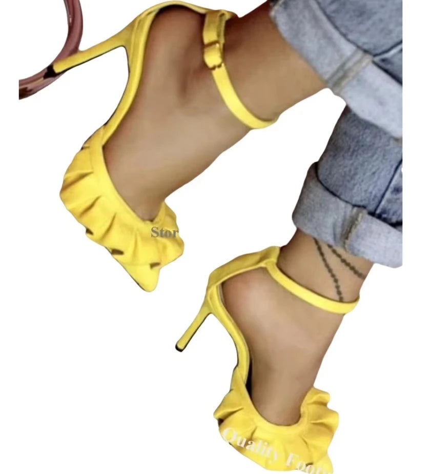 Women's Pointed Toe Suede Ruffle Stiletto Heel Pumps