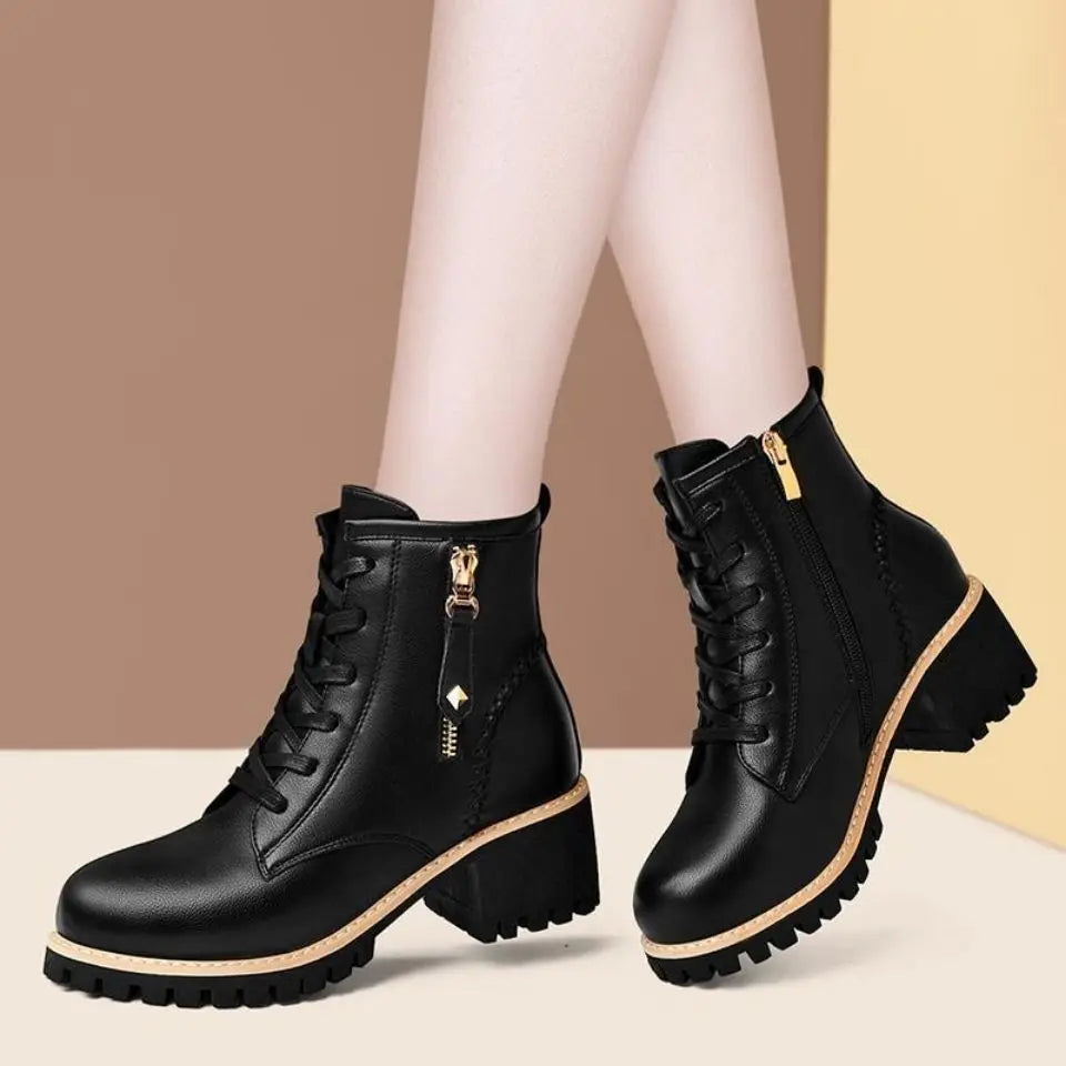 Women's Lace-Up Round Toe Square Heel Ankle Boots